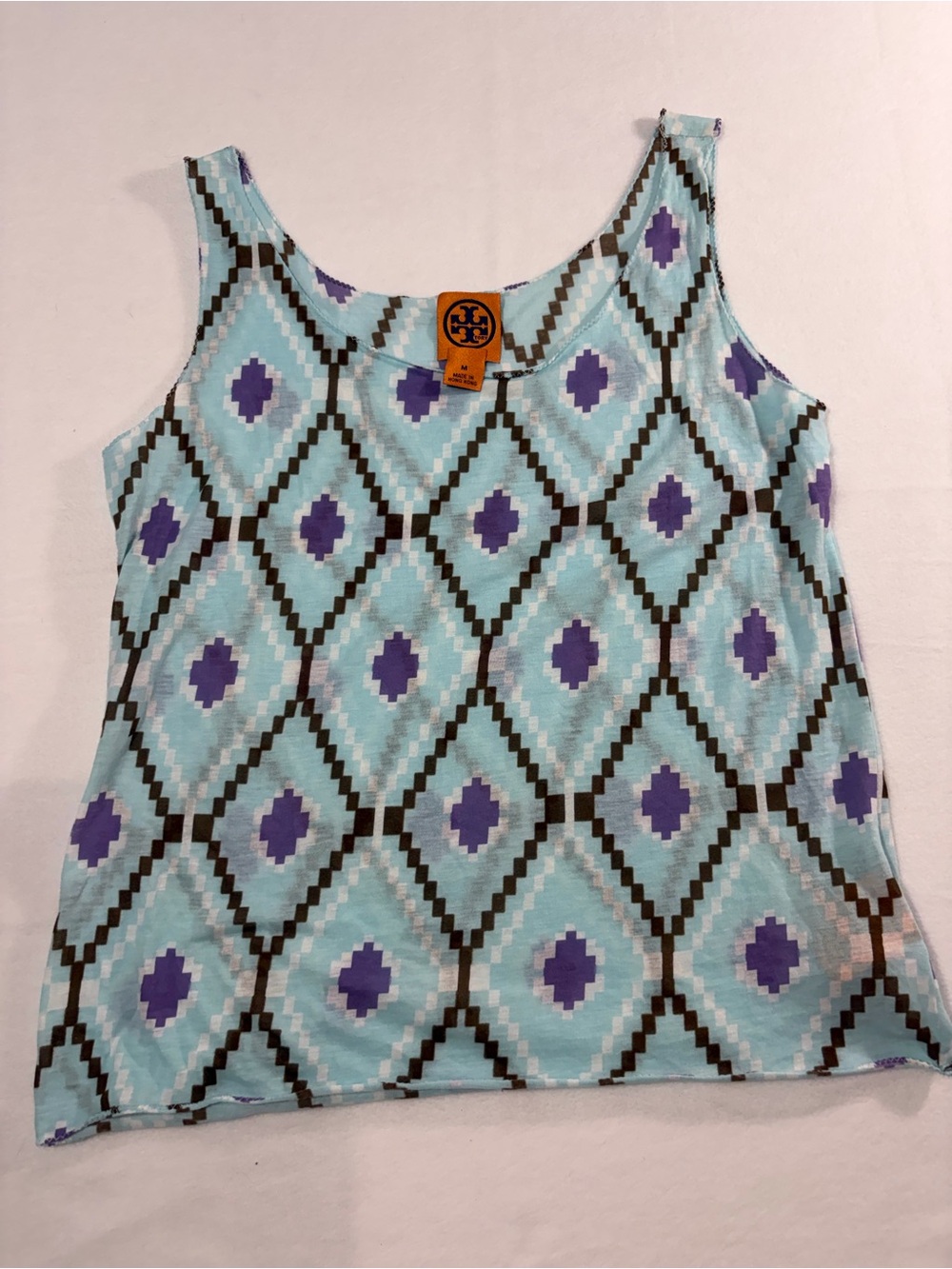Tory‎ Burch Aqua and Purple Diamond-Print Tank